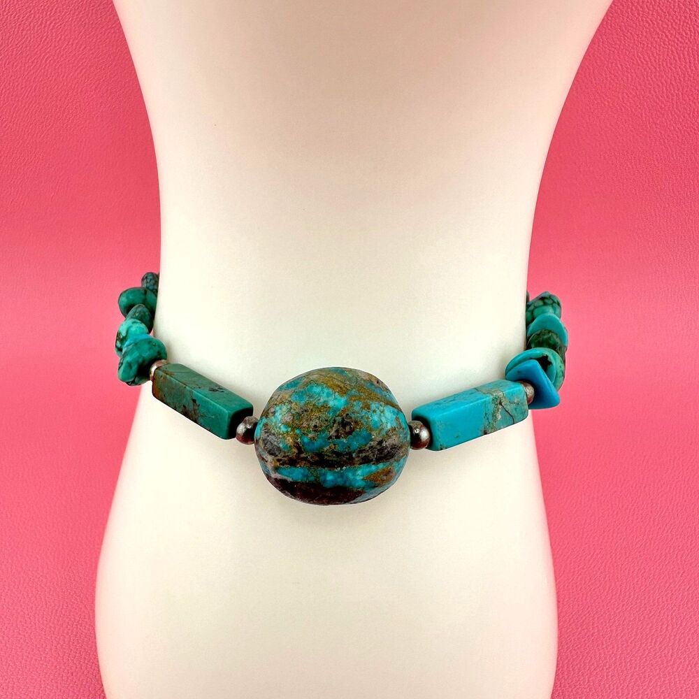 Vintage Turquoise Bead Sterling Silver Bracelet Blue Green South Western 6.25"
